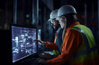 © AspctStyle - Male and Female Engineers Analyzing Data on Computer Monitor in Industrial Control Room. Modern Engineering and Technology Concept