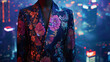 A tailored blazer with a subtle yet intricate floral motif representing the marriage of femininity and technology against a backdrop of a digital cityscape.