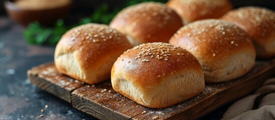 Wall Mural - a bunch of hamburger buns sitting on top of a wooden cutting board . High quality