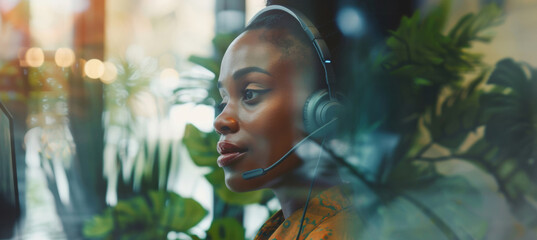 Portrait, call center and consulting with headphones for customer service or telemarketing. Woman, confident and consultant talking with headset for environmental sustainability and emergency support