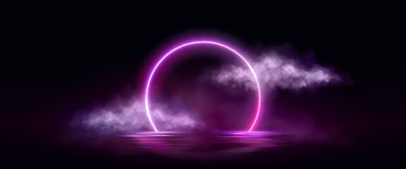 Wall Mural - neon circle frame on dark water background. vector realistic illustration of purple ring shining in 
