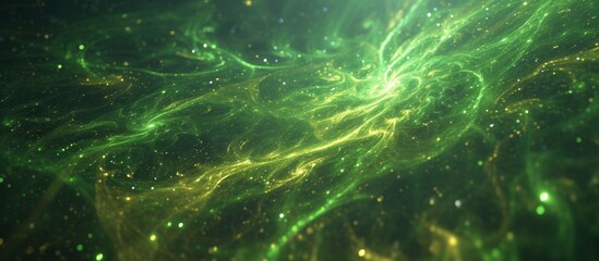 Poster - a green and yellow glowing background with a galaxy in the background . High quality