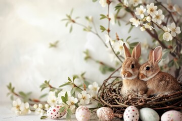 Two fluffy rabbits are sitting in a nest among Easter eggs and spring flowers. Concept for celebrating the arrival of spring and Easter. Еmpty space for text.
