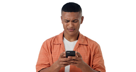 Frustrated, networking and man with phone, typing and communication isolated on transparent png background. Social media, email and confused person with smartphone, connection or signal problem.