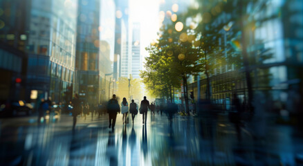 Corporate, building and business group of people walking for city exploration, sustainable living or office. Blurry, silhouette and movement background for architecture, wallpaper and eco friendly