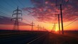 © paisorn - the sun is setting behind a couple of power lines, in the style of light maroon and light green, free-flowing lines, dark blue and yellow, tenwave, uhd image, non-representational, post processing