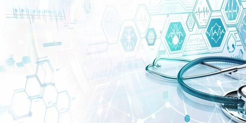 Fototapete -  A Stethoscope on the Forefront with Digital Health and Science Data Networks in the Background, Symbolizing Advanced Healthcare, Generative AI