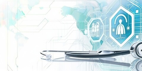 Fototapete -  A Stethoscope on the Forefront with Digital Health and Science Data Networks in the Background, Symbolizing Advanced Healthcare, Generative AI