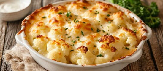 Wall Mural - A cheese and cauliflower strata served in a casserole dish on a rustic wooden table