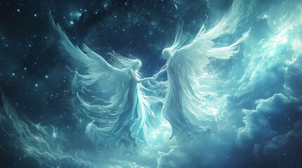 Wall Mural - Ast a field of ling stars a pair of cosmic angels dance together their movements mirroring the ebb and flow of the universe.