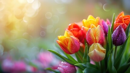 Wall Mural - bouquet of multicolor tulips over blurred green background. fresh spring flowers with water drops