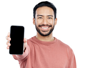 Poster - Man, portrait and smile with cellphone screen as mockup or information, presentation or advertising. Asian person, face and smartphone or isolated transparent png background, display or communication