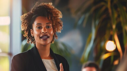 Poster - Successful business woman leads a discussion on trending products in a corporate office. Female product manager giving a speech in a conference meeting with her business team.