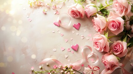 Canvas Print - Valentines Day background with pink roses, bow and paper Hearts