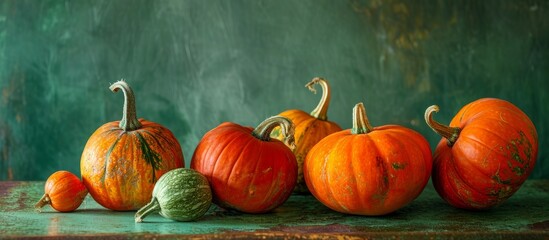 Sticker - A collection of pumpkins, a type of winter squash, resting on a rustic wooden table. These staple foods are natural, plantbased fruits commonly used in cooking and art