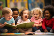 Three Delighted Toddlers Engaged in Story Time at a Preschool. Early Childhood Education and Joy of Reading Concept