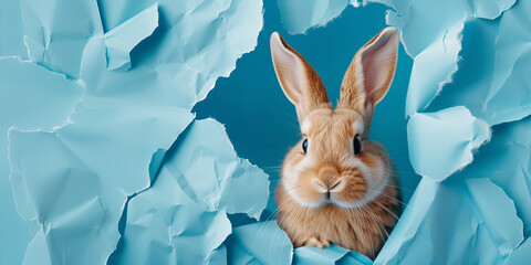 Wall Mural - Cute Easter bunny looking out of the torn pastel blue crumpled paper background. Funny Easter card concept commercial banner.