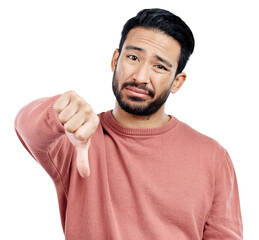 Wall Mural - Asian man, thumbs down and portrait with review or feedback isolated on png transparent background. Bad reaction, dislike and rejection with hand gesture, emoji and vote with sign for wrong or fail