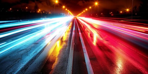 Aufkleber - Vibrant Light Trails Capture the Bustling Movement of City Traffic on a Highway, Generative AI