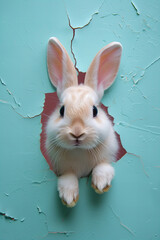 Wall Mural - Cute Easter bunny looking out of the torn pastel blue crumpled paper background. Funny Easter card concept commercial banner.