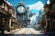 Step into a steampunk wonderland with a streets background, showcasing animated streets lined with gears, ornate street lamps, Generative AI