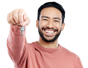 Poster - Key, real estate and smile with portrait of man, new homeowner and investment. Asian male person, pride and purchase of property, mortgage and residential or isolated on transparent png background