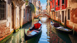 Narrow canal with gondola in Venice, Italy.
