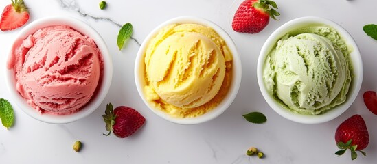 Canvas Print - Ice cream with strawberry, mango/banana, and lime/green tea/pistachio flavors in white bowls on a white marble background, viewed from the top.