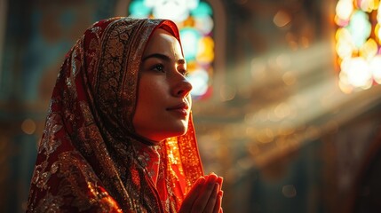 Wall Mural - Young muslim woman prayer hijab pray to God on blur mosque background concept for eid mubarak, life and soul fasting of international islamic ramadan sunlight