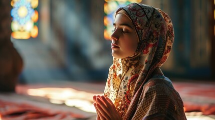 Wall Mural - Young muslim woman prayer hijab pray to God on blur mosque background concept for eid mubarak, life and soul fasting of international islamic ramadan sunlight