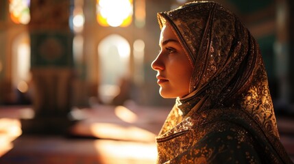 Young muslim woman prayer hijab pray to God on blur mosque background concept for eid mubarak, life and soul fasting of international islamic ramadan sunlight