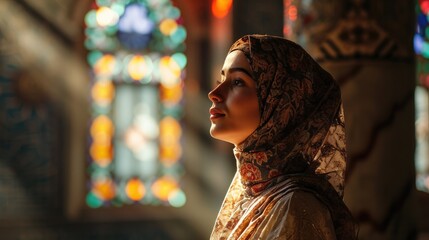 Wall Mural - Young muslim woman prayer hijab pray to God on blur mosque background concept for eid mubarak, life and soul fasting of international islamic ramadan sunlight