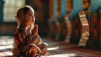 Wall Mural - Young muslim girl prayer hijab pray to God on blur mosque background concept for eid mubarak, kid life soul fasting of international islamic ramadan sunlight