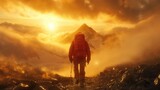 Fototapeta Natura - A lonely climber in a red jacket climbs a rocky mountain path. It is set against a stunning backdrop of a golden sunrise and misty mountain peaks.