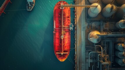 Wall Mural - An aerial view of a large red cargo ship docked next to an industrial oil and gas tank storage complex.