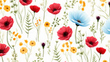 Fototapeta Maki - Pattern of summer flowers on white background.