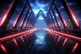 Fototapeta Przestrzenne - 3d abstract neon background, square arch, pink blue glowing lines, futuristic gates construction, reflection
