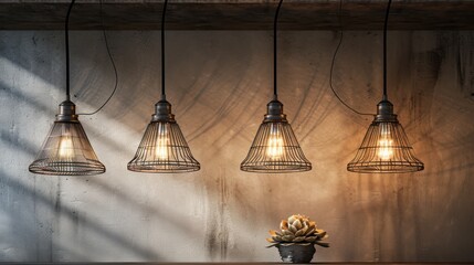 Wall Mural -  a bunch of lights hanging from a ceiling next to a vase with a succulent and a succulent in it.