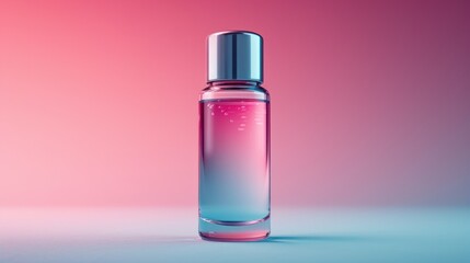 Poster -  a pink and blue bottle with a silver top on a pink and blue background with a reflection of water on the bottom of the bottle.