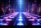 Fototapeta Perspektywa 3d - 3d render, abstract neon light background, bright glowing lines inside square tunnel, ultraviolet portal, performance stage, showcase, empty corridor, podium with floor reflection