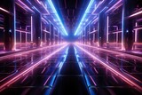 Fototapeta Przestrzenne - 3d rendering, abstract neon background, empty square tunnel with pink glowing lines, long corridor, road,