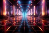 Fototapeta Do przedpokoju - 3d rendering, abstract neon background, empty square tunnel with pink glowing lines, long corridor, road,