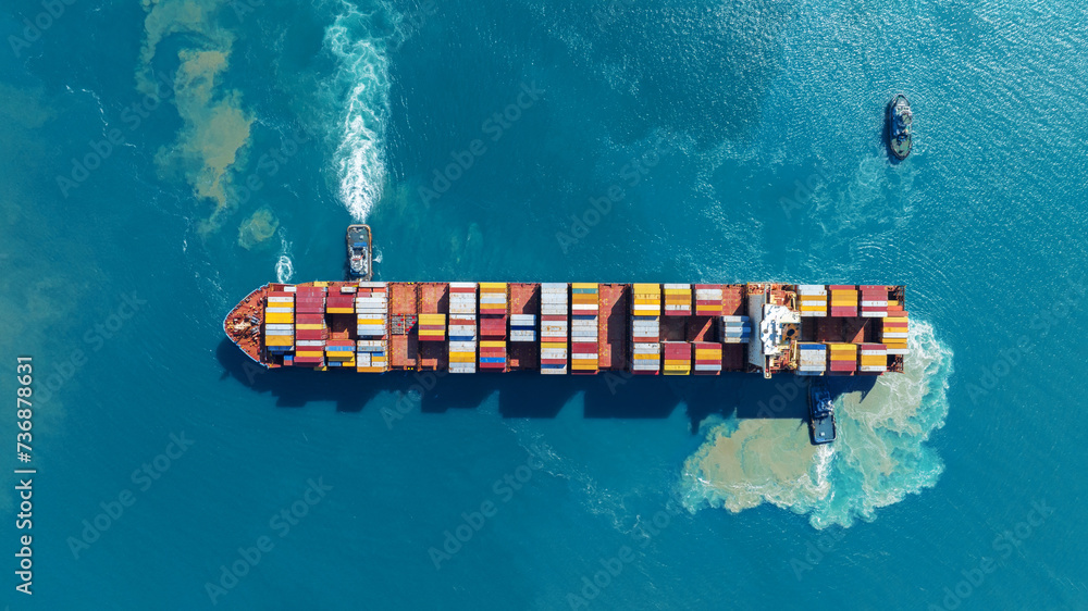 Cargo Container Ship was pulling by Tugboat. container ship import ...