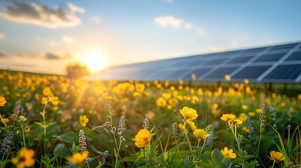 Wall Mural - Sunset over a meadow with panels, filled with vibrant flowers, under a colorful sky