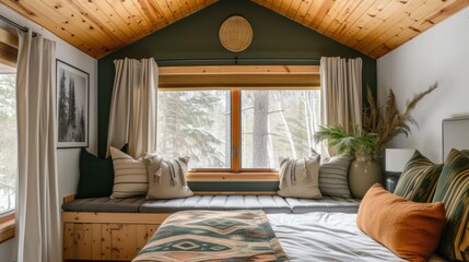 Poster -  a bed sitting under a window in a bedroom next to a window sill with a window seat on top of it.