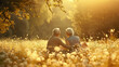 © Sascha - Happy Senior Couple Enjoying Picnic in Sunlit Meadow Surrounded by Wildflowers and Birds