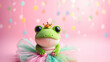 cute Green frog in tutu skirt on the pastel background. 29 february leap year day concept