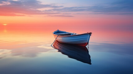 Wall Mural -  a small boat floating on top of a body of water under a pink and blue sky with the sun setting in the distance.