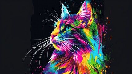 Sticker -  a close up of a cat with multicolored paint splatters on it's face and a black background.