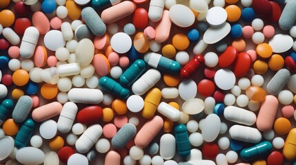 Top view texture of various colorful pills, opioids, drugs, dietary supplements, vitamins, pharmaceutical drugs, Capsules on the table.